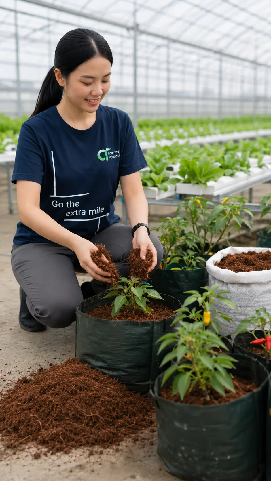 Handling coco substrate beside chili plants growing in containers in a greenhouse