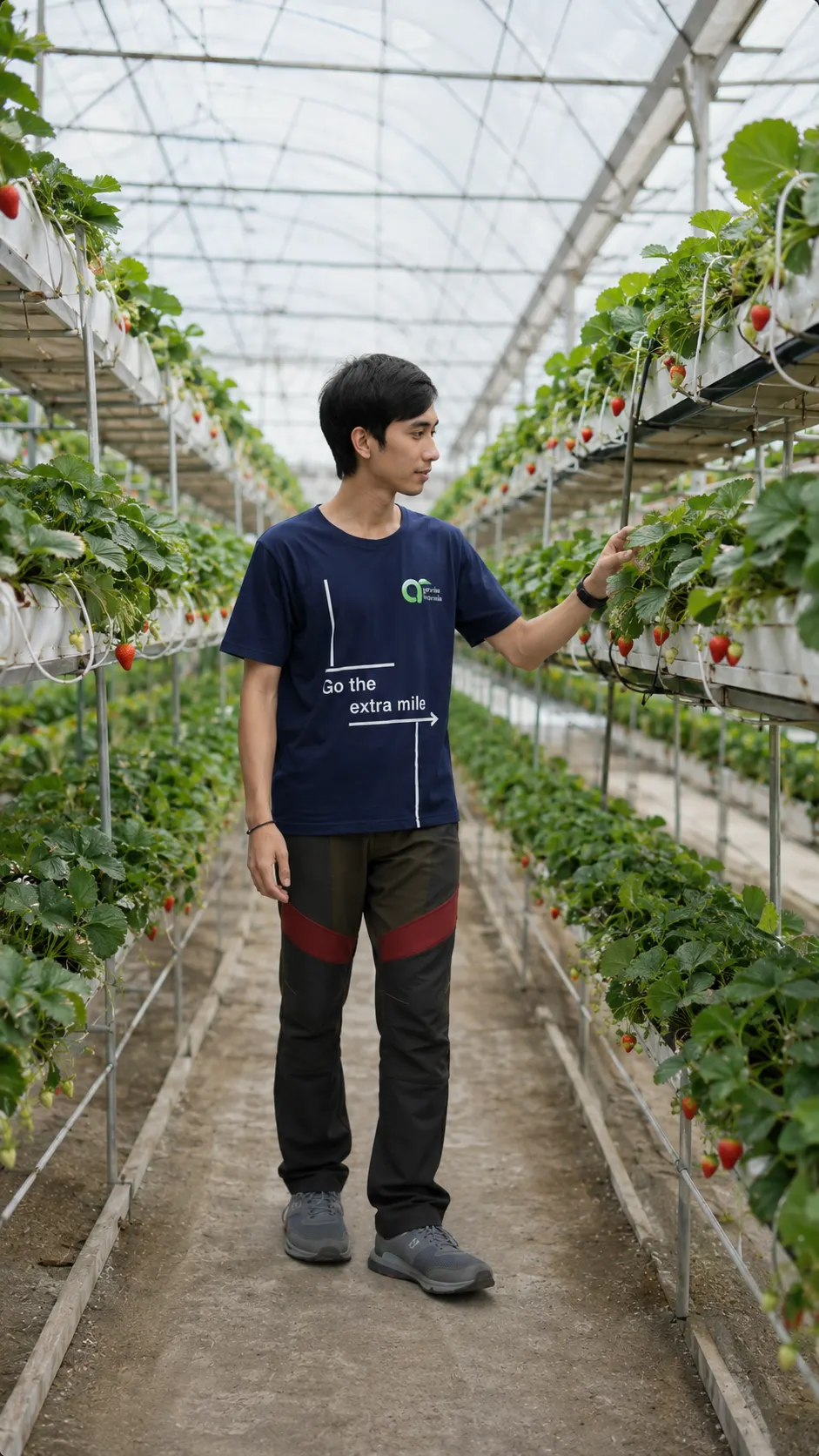 Inspecting elevated strawberry rows growing on coco substrate in a greenhouse