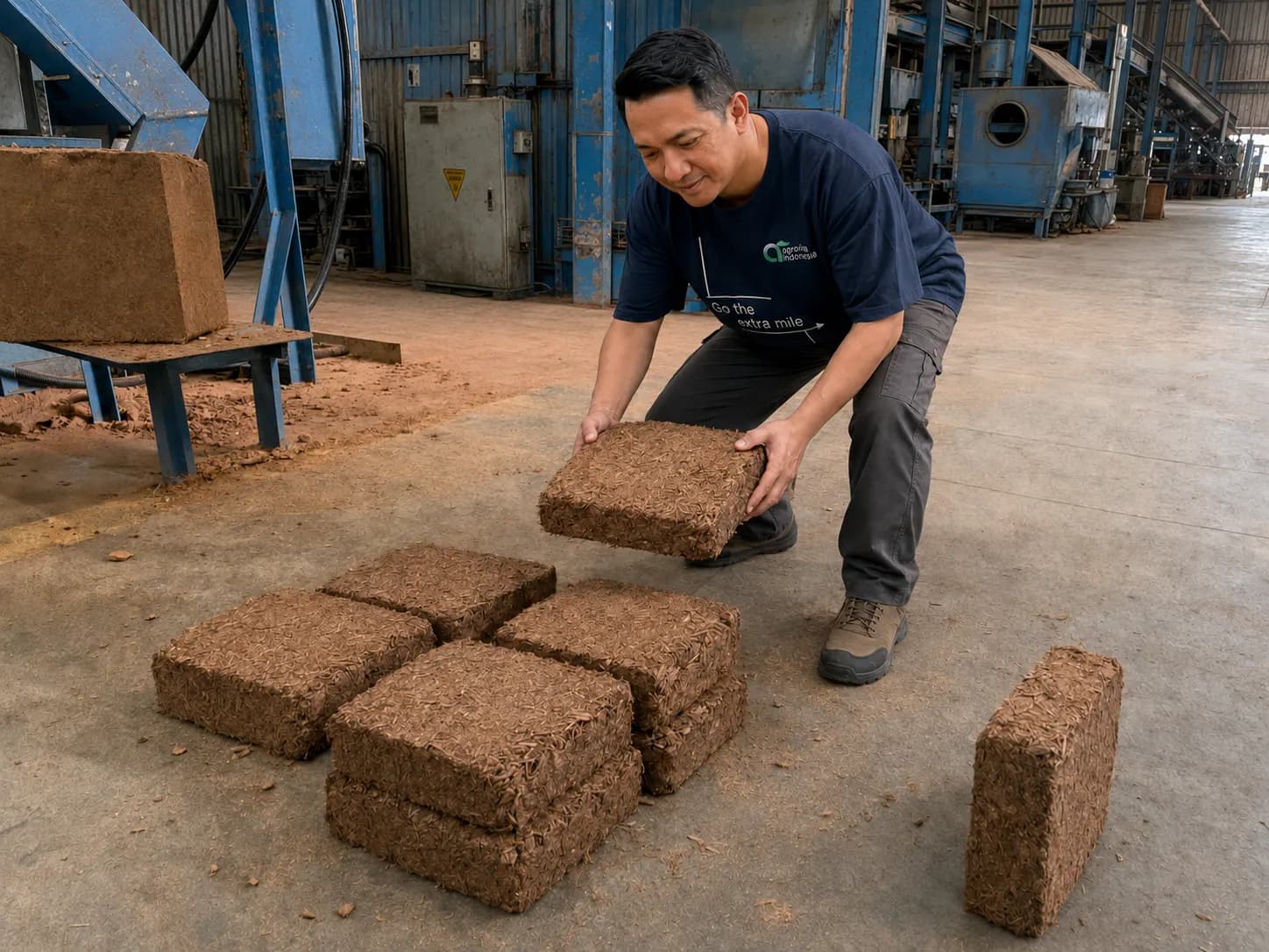 Compressed coco husk chips blocks being stacked by hand inside the production facility