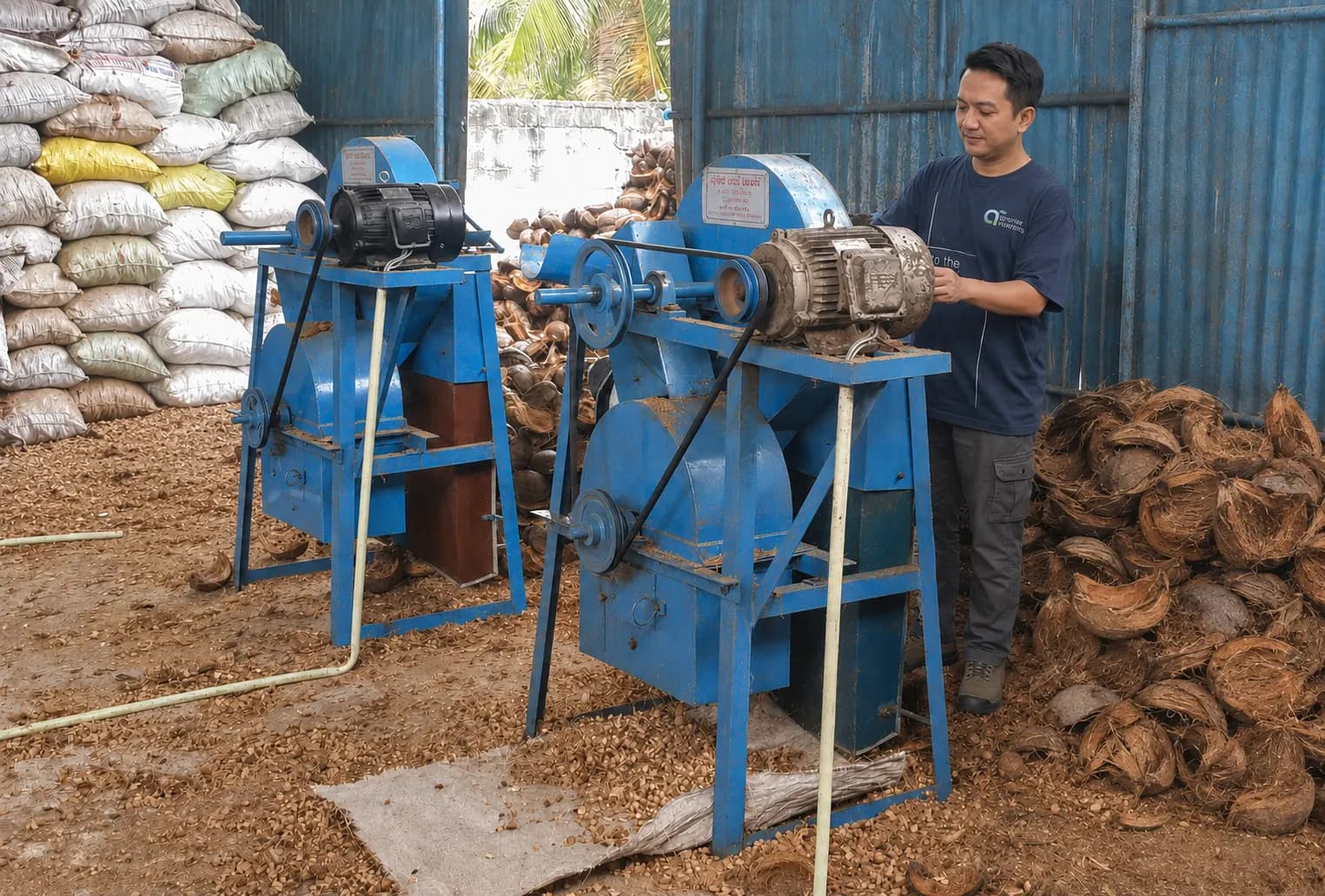 Chipping machines cutting coconut husks into chips, with husk stock in the background
