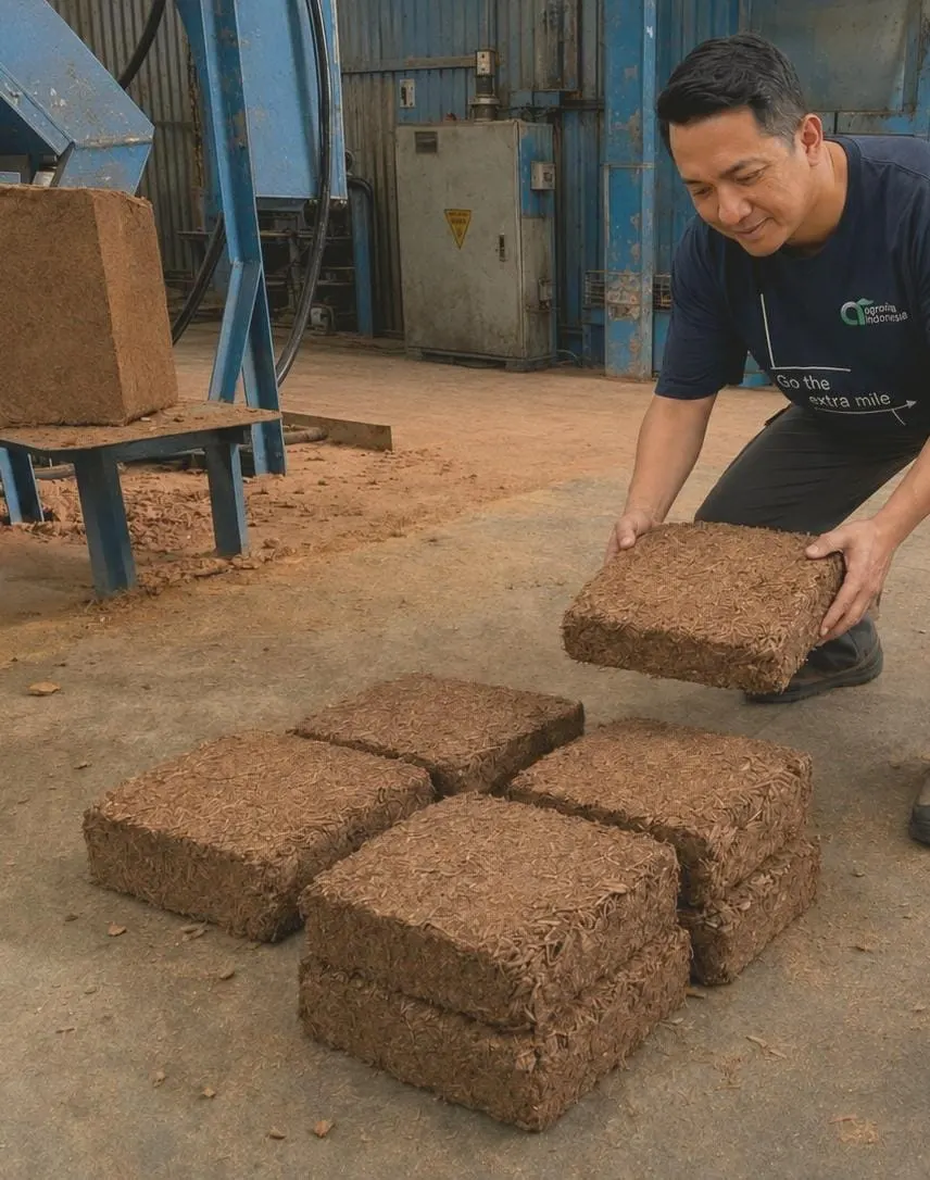 Placing a freshly pressed 5 kg coco husk chips block onto a stack beside the press