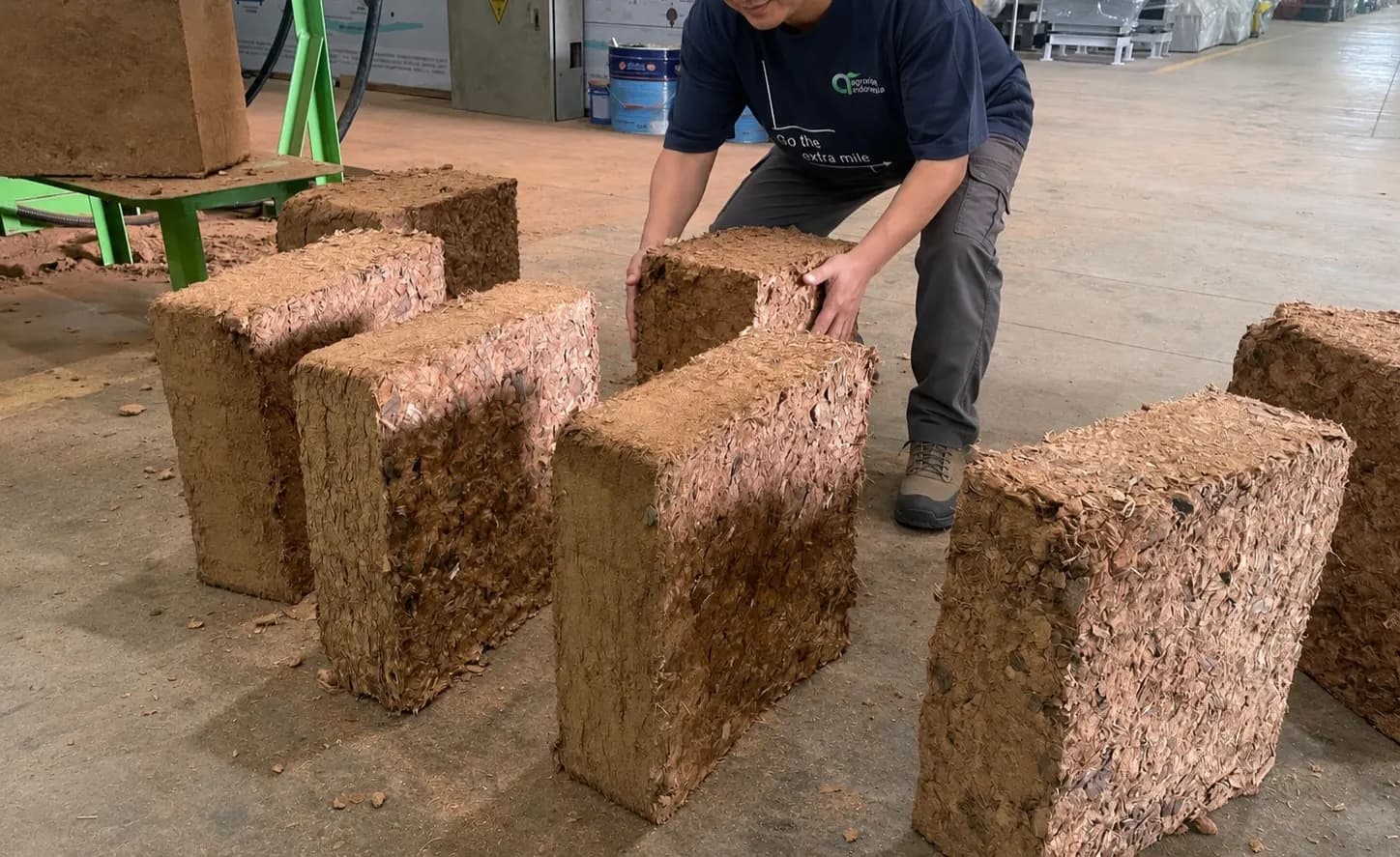 Rows of compressed coco husk chips blocks standing upright after pressing