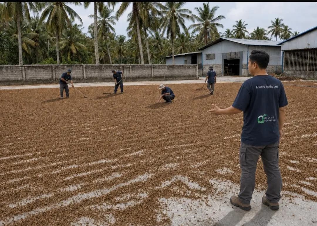 Workers raking coco husk chips across an open-air drying yard surrounded by coconut palms