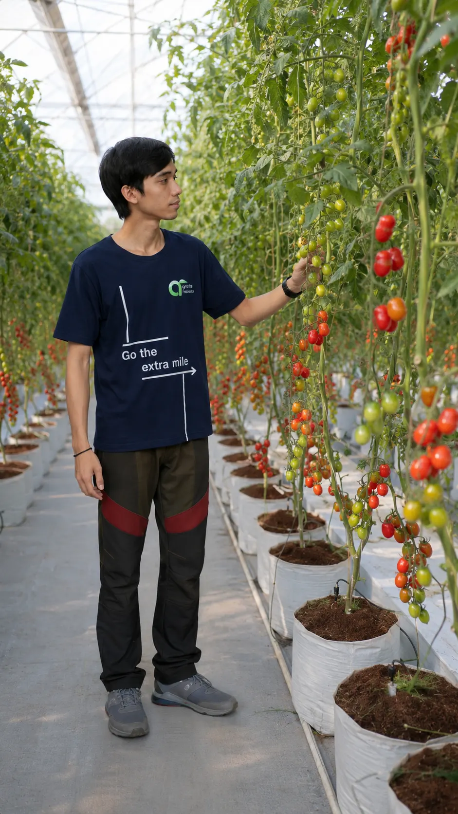 Cherry tomato vines heavy with fruit growing in coco substrate bags