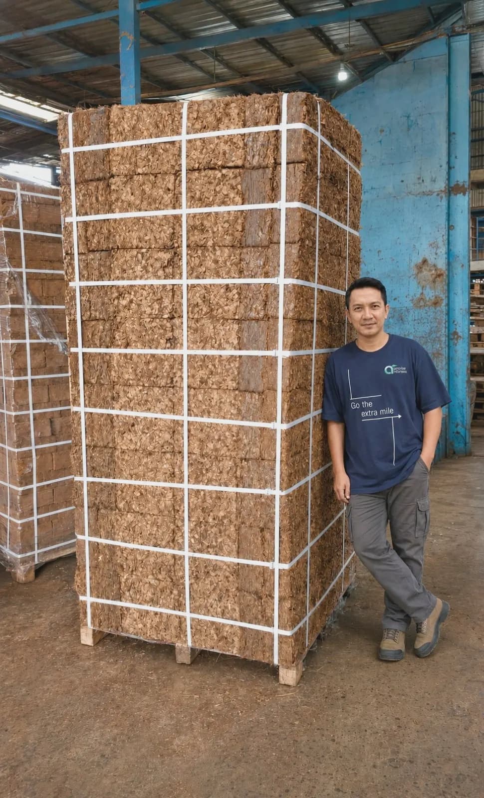 A full pallet of strapped coco husk chips blocks prepared for shipment