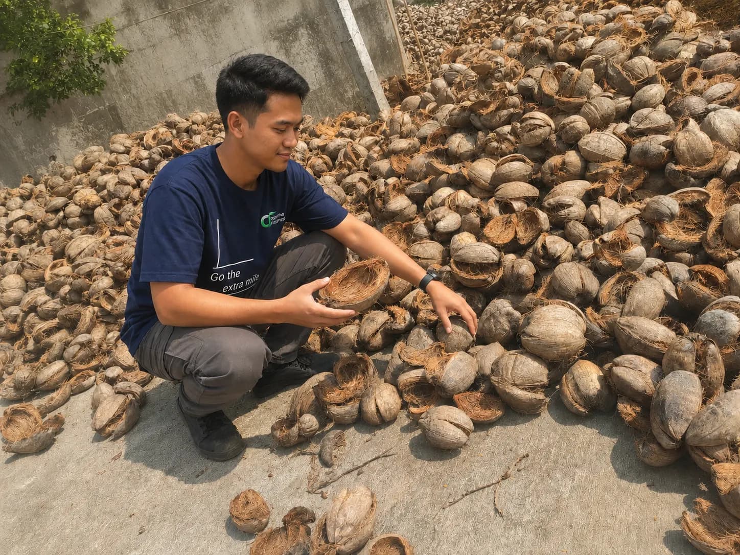Team member inspecting a pile of raw coconut husks before processing