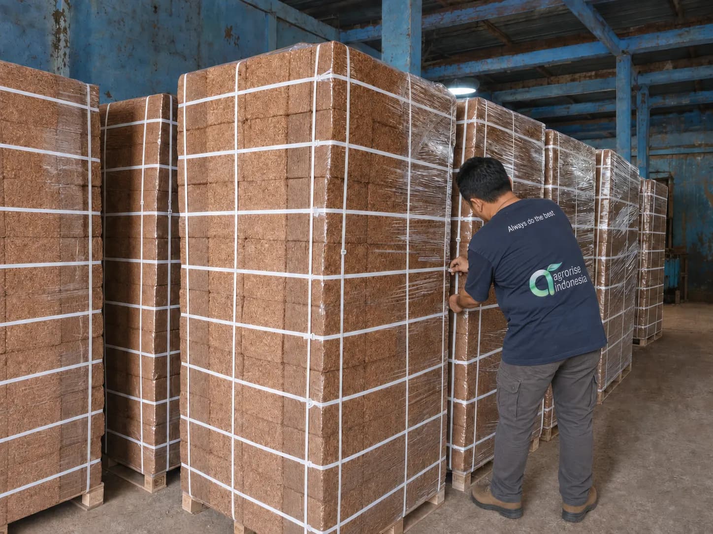 Warehouse team checking pallet strapping before export loading